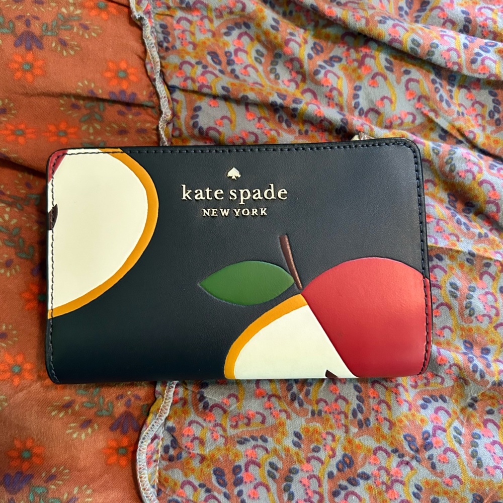 kate spade navy apple print wallet with red, green, cream - Picture 2 of 6